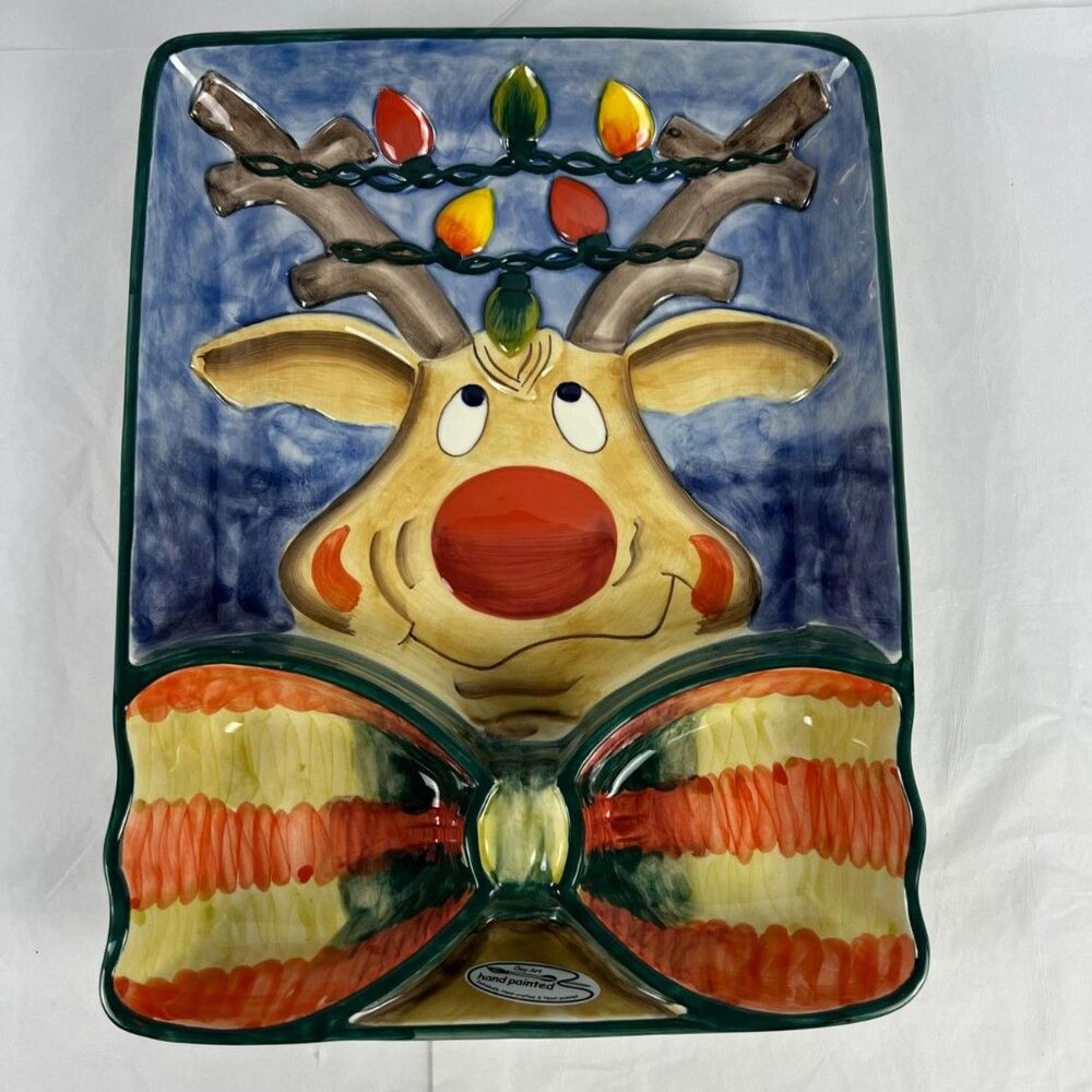 Vintage 2001 Clay Art Reindeer Chip Dip Platter Christmas Ceramic Serving Tray